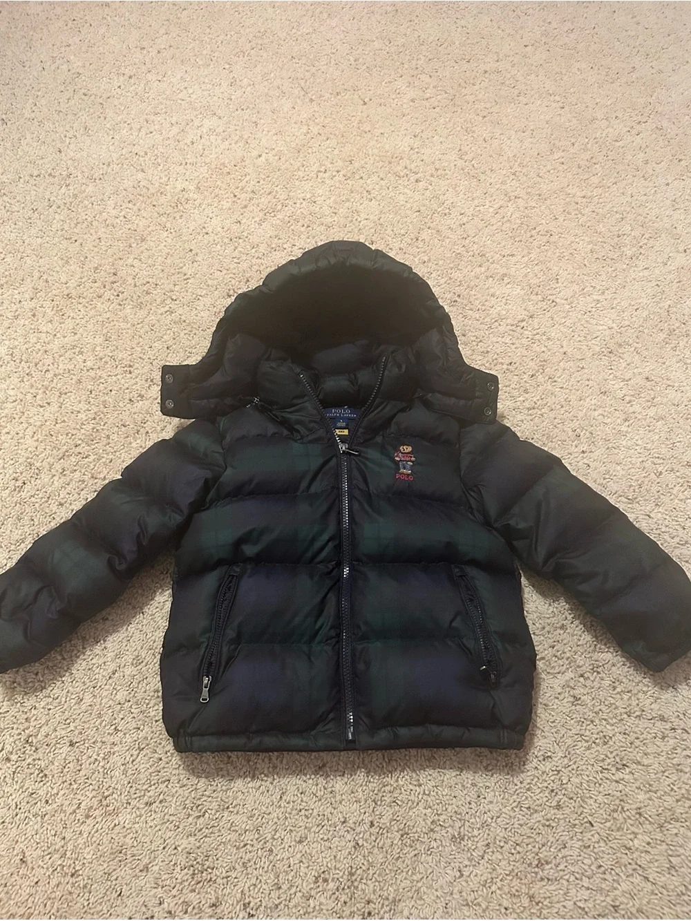 Polo Ralph Lauren Boy Polo Bear Plaid Down Hooded Puffer Jacket